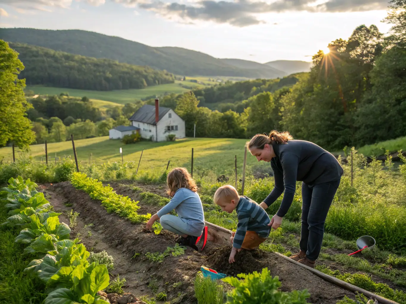 A photograph illustrating a family participating in a community gardening project, planting vegetables together in raised garden beds. The image highlights intergenerational connection, healthy eating, and community engagement.