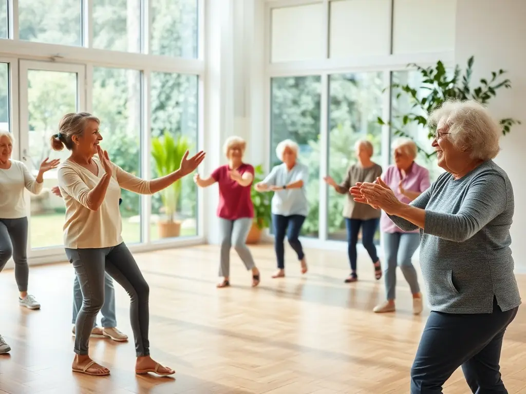 A photograph depicting a group of seniors participating in a gentle exercise class, led by a friendly instructor, in a bright and welcoming community center. The scene conveys a sense of vitality, community, and active aging.