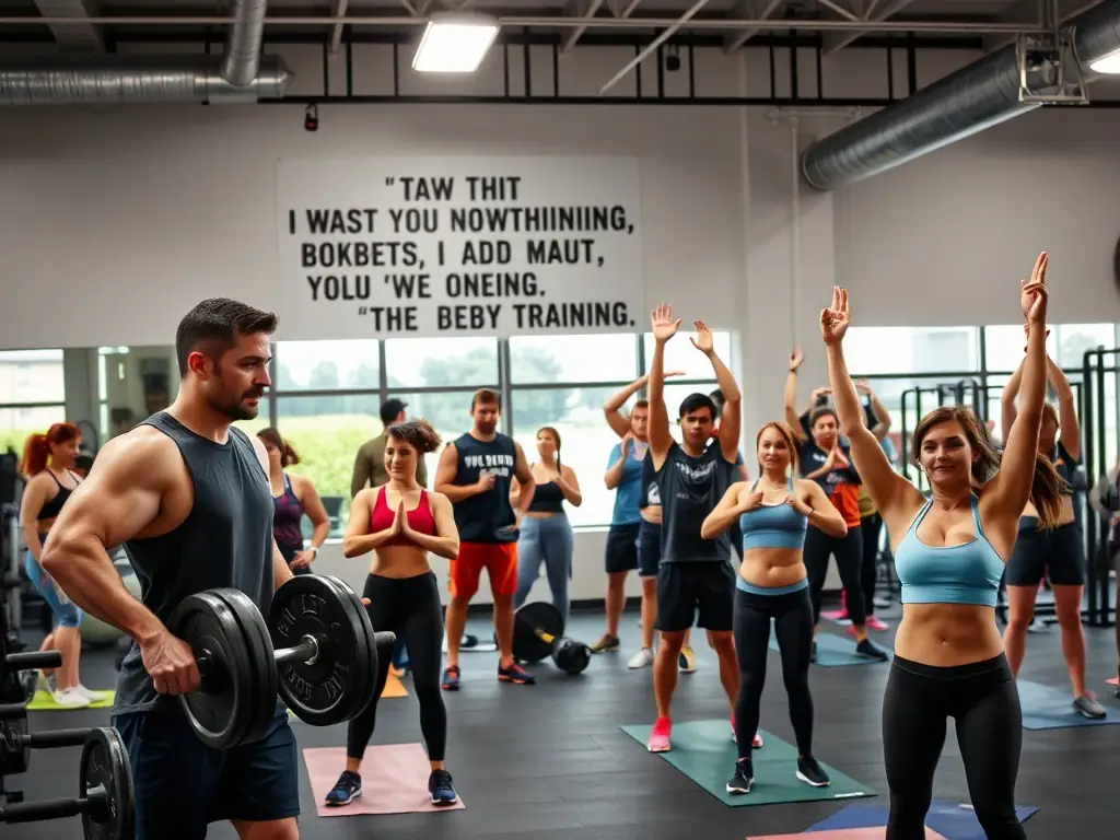 An image of adults participating in a gymnastics class, demonstrating strength and flexibility exercises, with a focus on fitness and well-being.