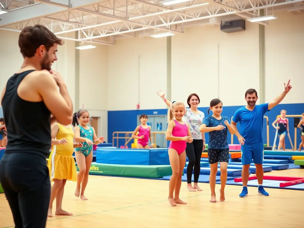 A group of children and adults practicing gymnastics together in a bright, welcoming gymnasium, showcasing the inclusive environment of GVC's general gymnastics classes.