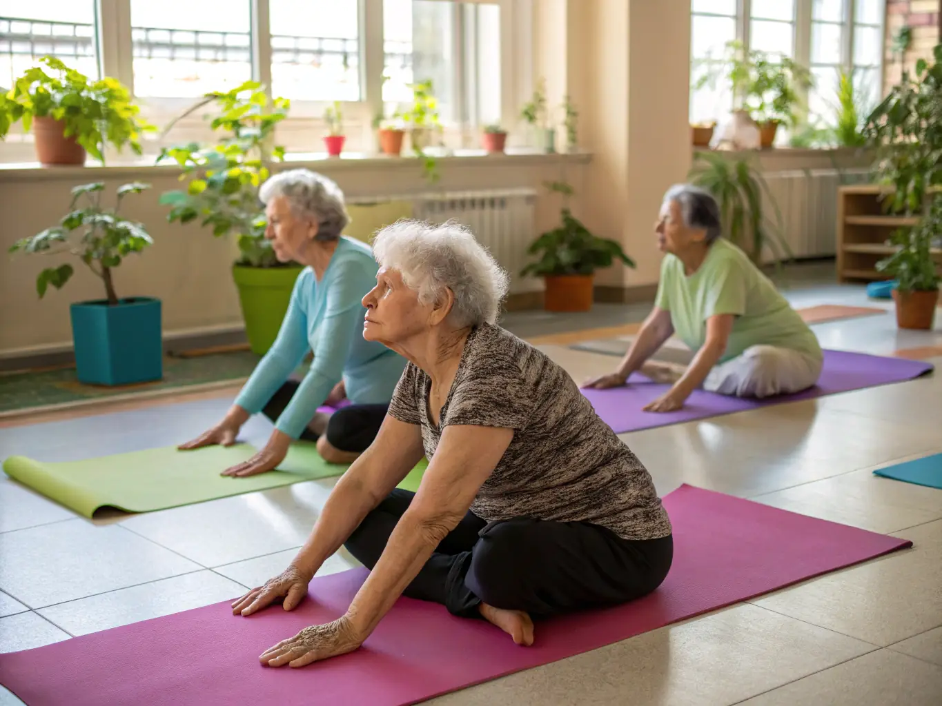 A serene image of participants engaged in a gentle gymnastics session, emphasizing relaxation and mindfulness, with a focus on stress relief and mental well-being.