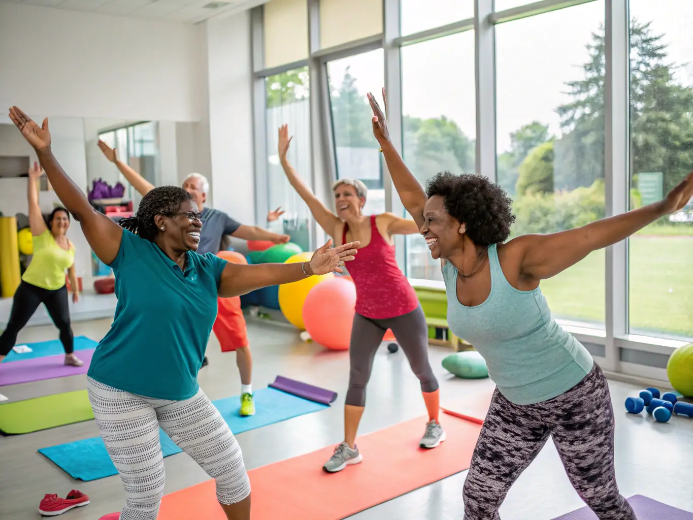 A diverse group of adults participating in a gymnastics class, demonstrating the accessibility and inclusivity of GVC's programs for all fitness levels.