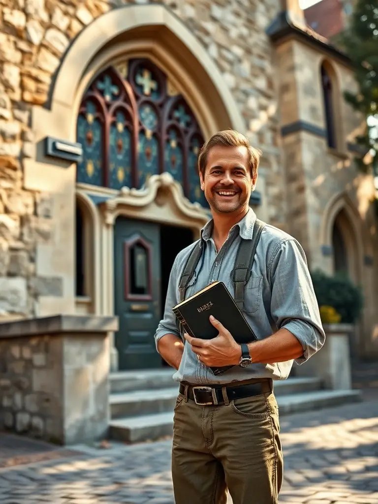 A missionary agent in France, standing in front of a local church, preparing for a community outreach event, with a warm and inviting expression.