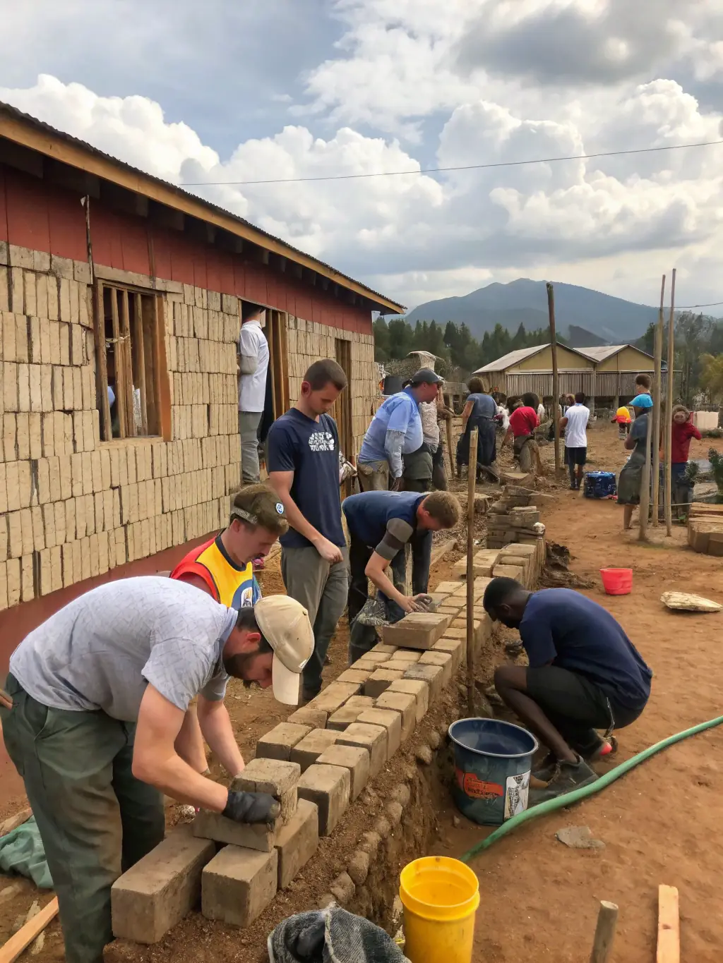 A photograph depicting a group of missionaries in France, engaging in a community service project, such as helping at a local soup kitchen or assisting with a community garden. The image should convey a sense of compassion and active involvement.