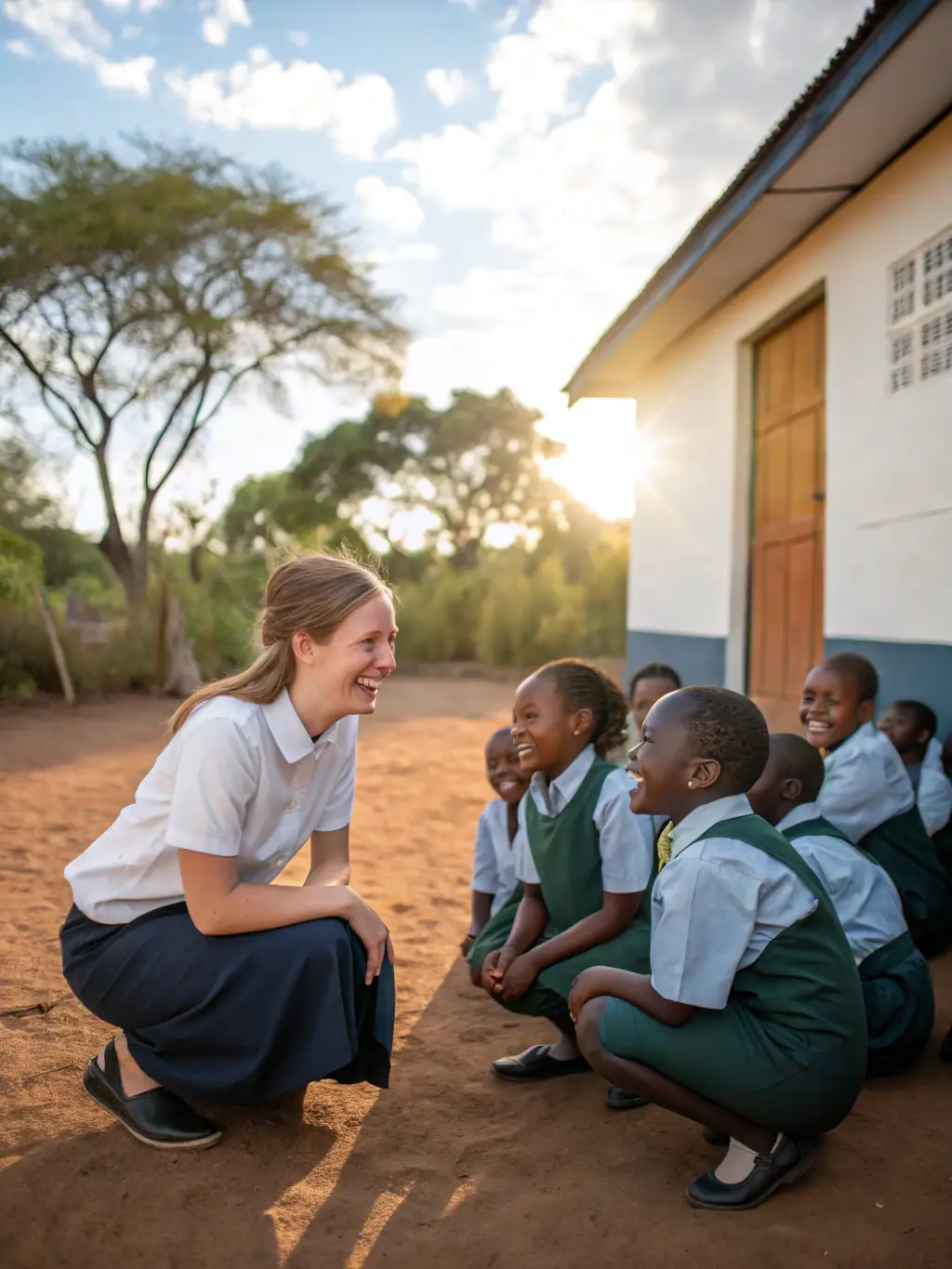 A picture of a missionary in an overseas territory, interacting with local children and families, perhaps teaching a class or providing medical assistance. The image should convey a sense of cultural sensitivity and dedication to serving others.