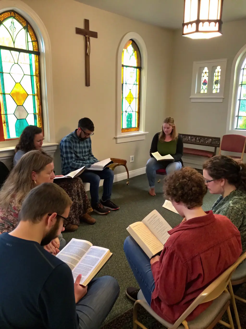 A photo of a vibrant and engaging youth group session, with young people actively participating in a Bible study or a faith-based discussion. The image should convey a sense of energy, enthusiasm, and spiritual growth.
