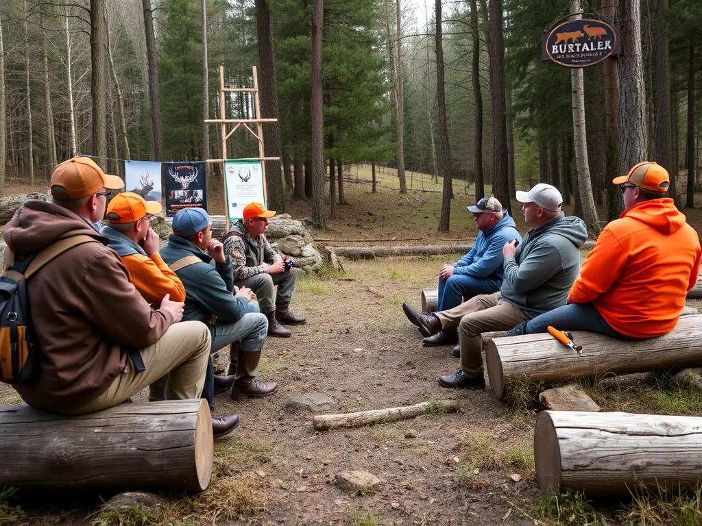 A group of hunters participating in a hunter education workshop, learning about responsible hunting practices and wildlife conservation.