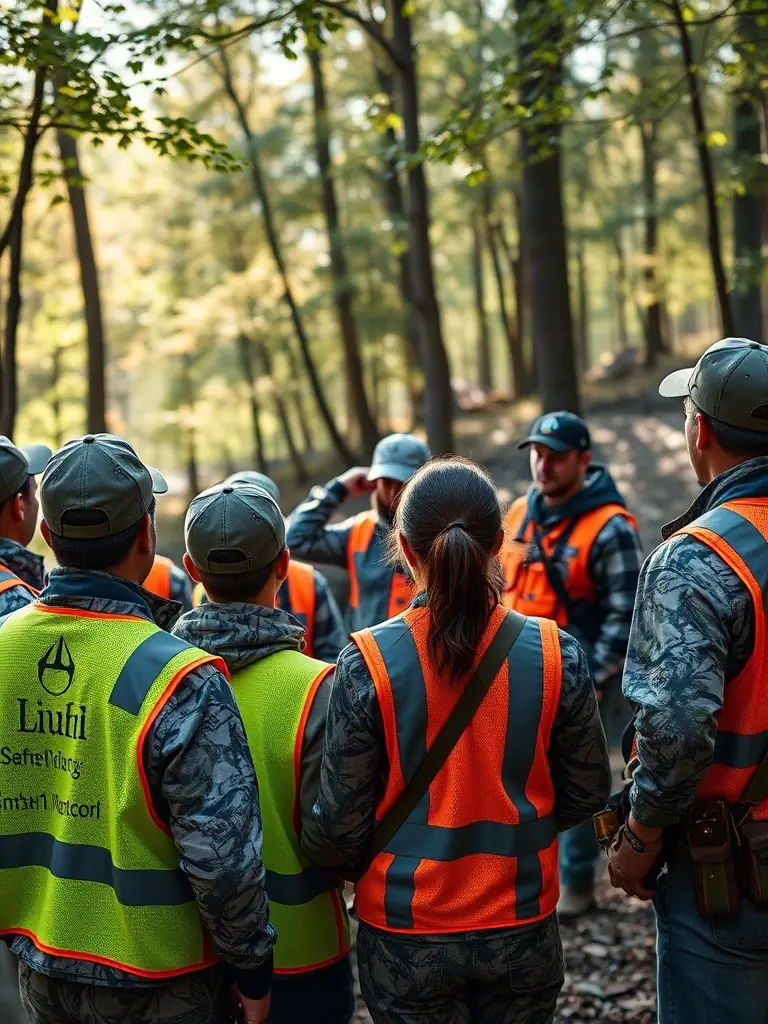 A diverse group of hunters participating in a community event focused on wildlife conservation and promoting the importance of ecological balance.