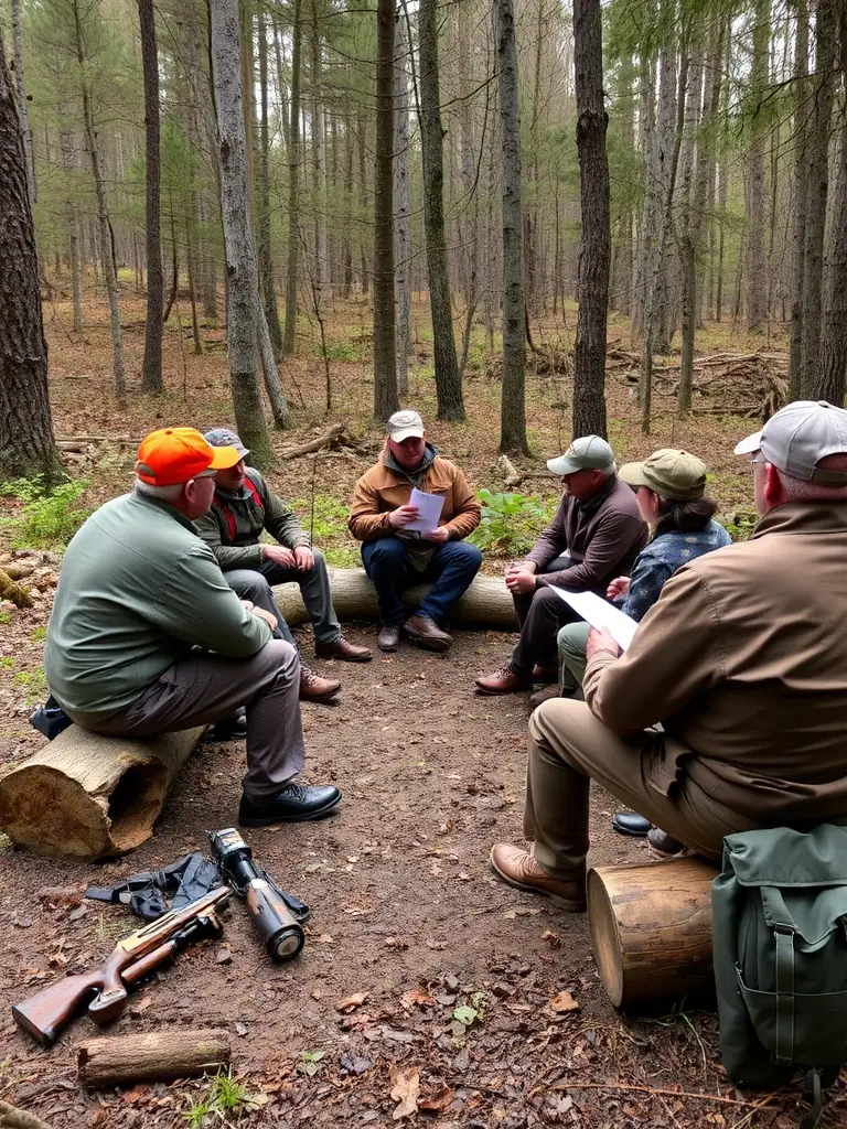 A classroom setting with an instructor teaching a group of hunters about wildlife conservation and hunting regulations during an educational workshop.