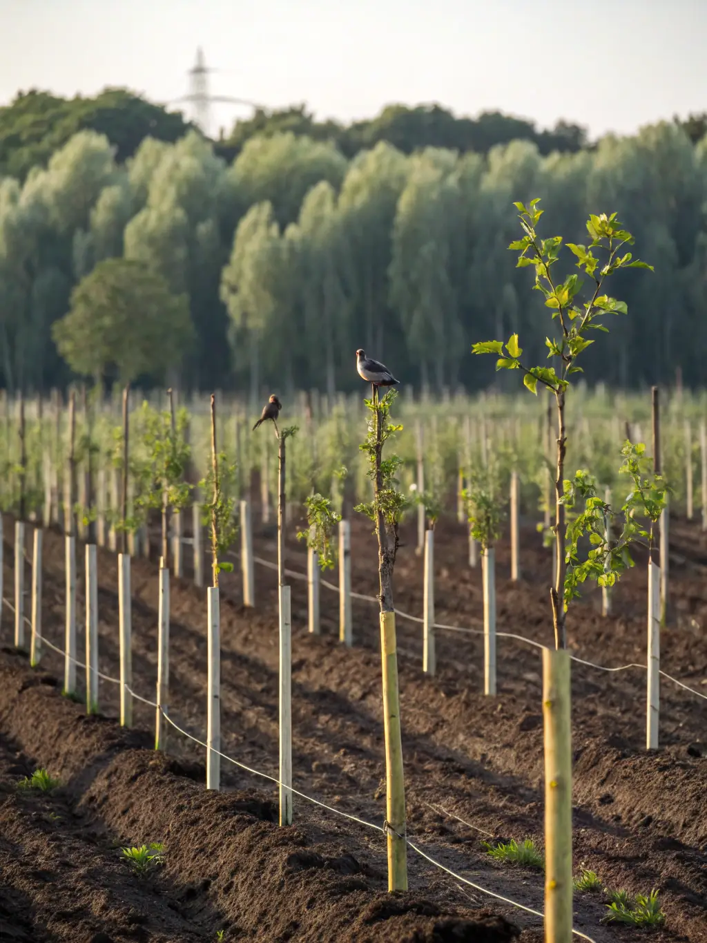 A photograph showcasing habitat restoration efforts, such as planting native trees and shrubs to improve wildlife habitats.