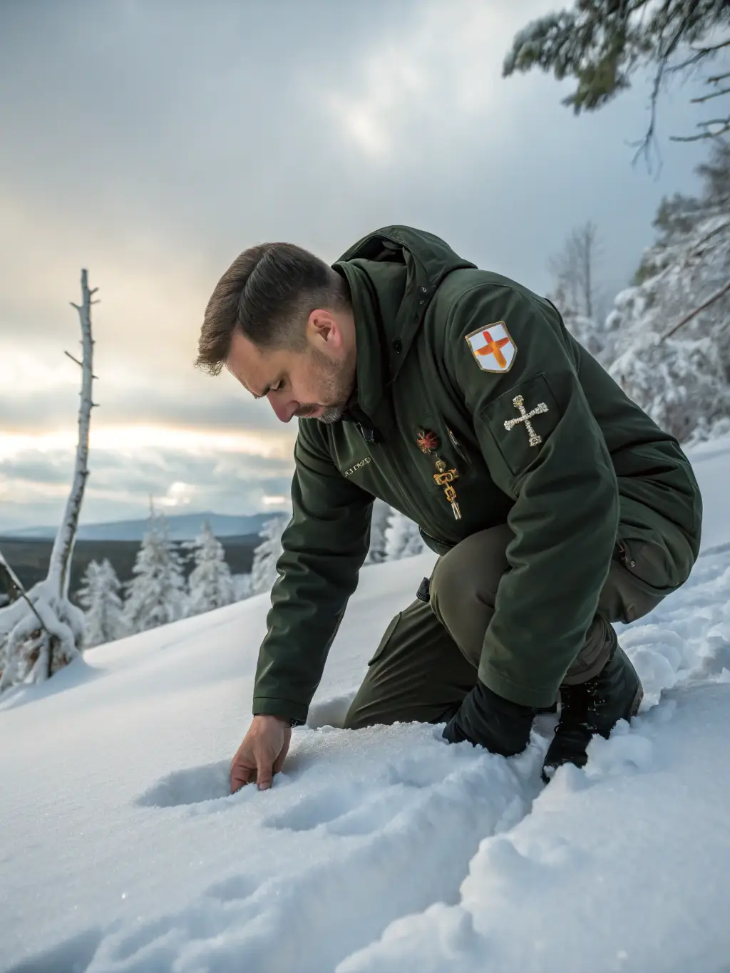 A hunter carefully setting a humane trap to control the population of a specific species as part of the association's species control efforts.